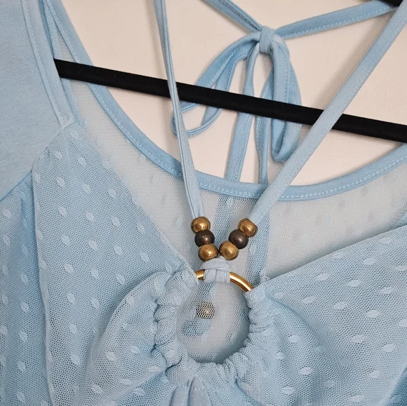 D.i.a Gyaru Blue Batwing Sheer Polka Dot Sleeve Beaded Halter Neck Top With - Picture 8 of 9